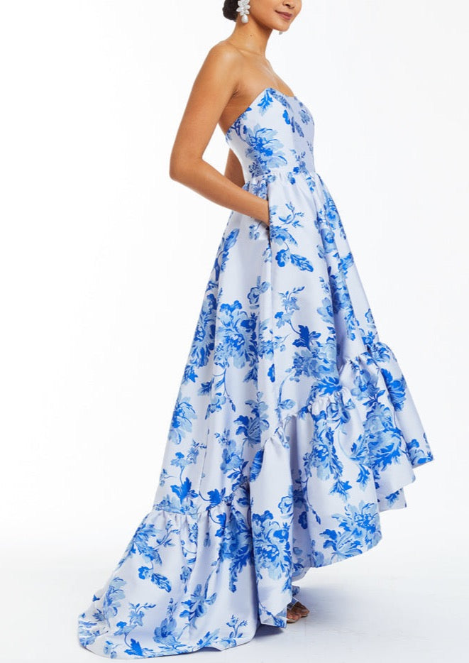 Blue an white chinoiserie print strapless high low gown with pockets