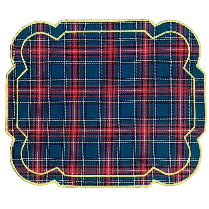 Luxury Table Linens Red plaid placemat with double gold embroidery.