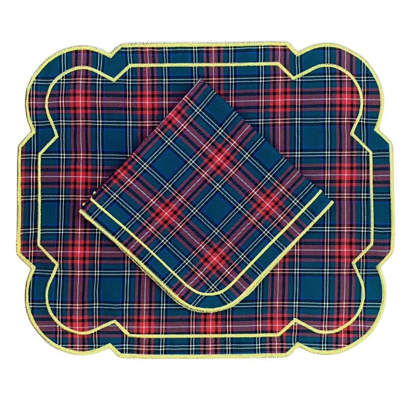 Luxury Table Linens Red plaid placemat and napkin with double gold embroidery.