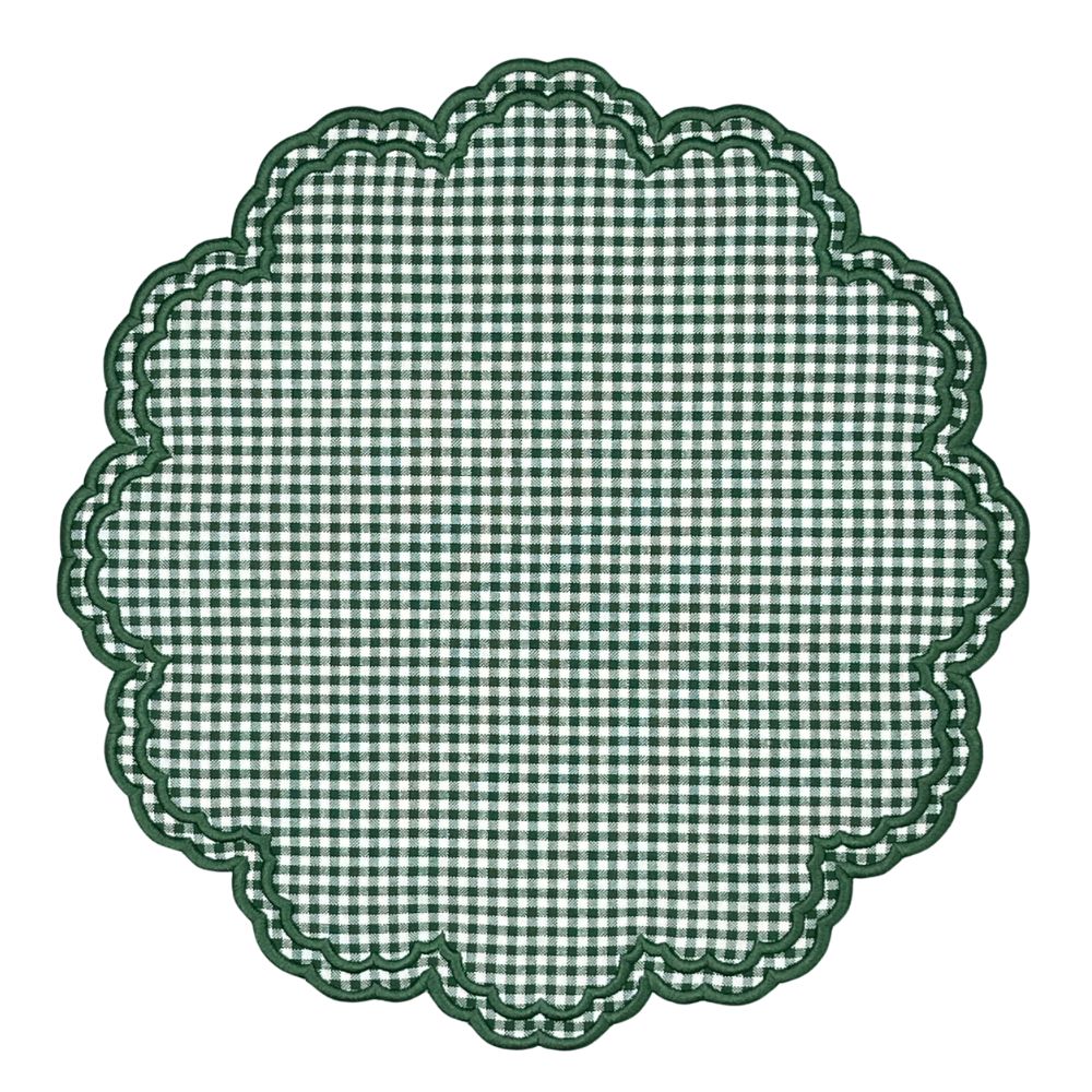 Green gingham luxury embroidered placemat with green silk embroidery