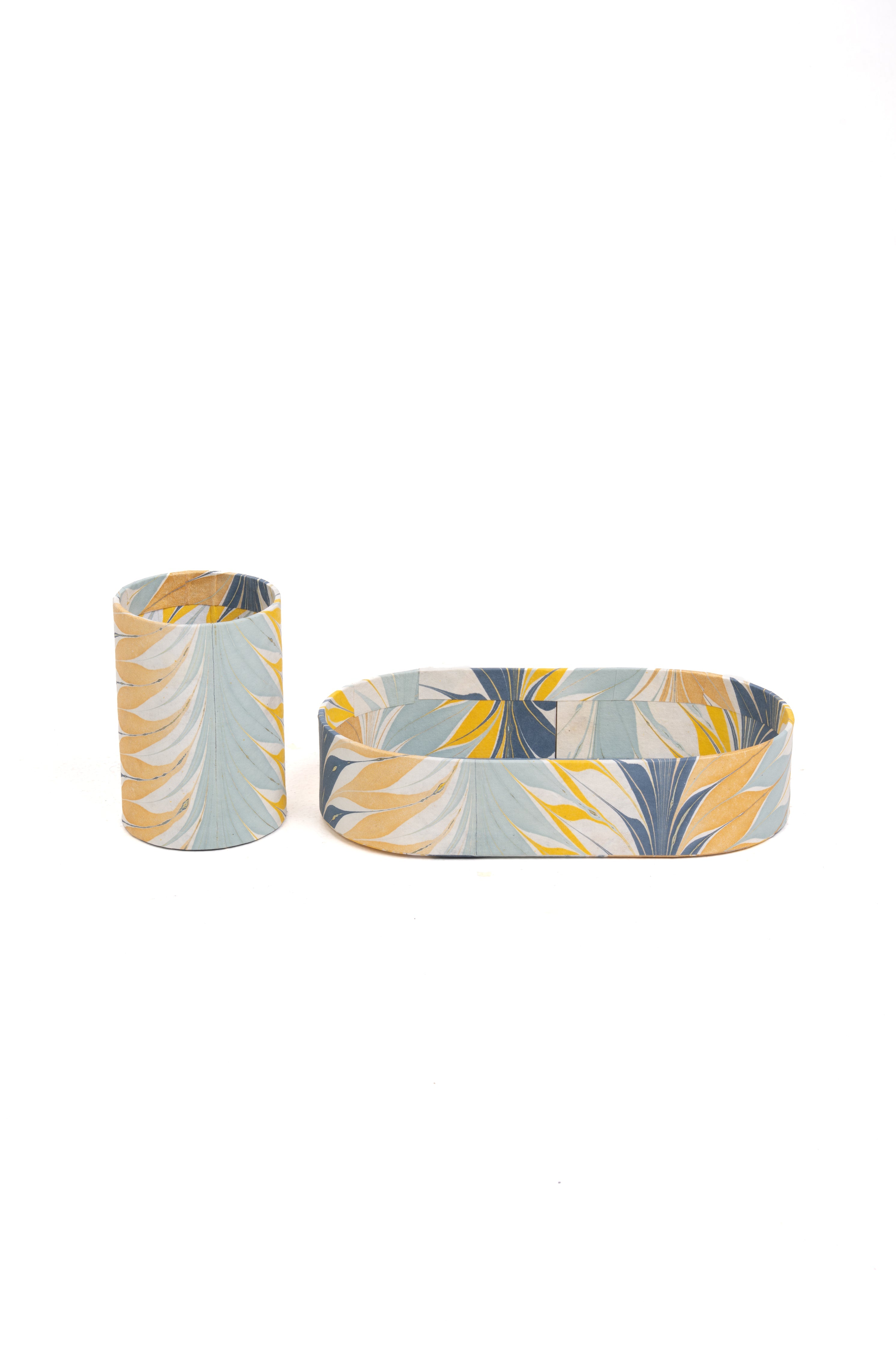 Hand-Marbled Desk Tray & Pencil Holder Organizer in Golden Blue Marbling