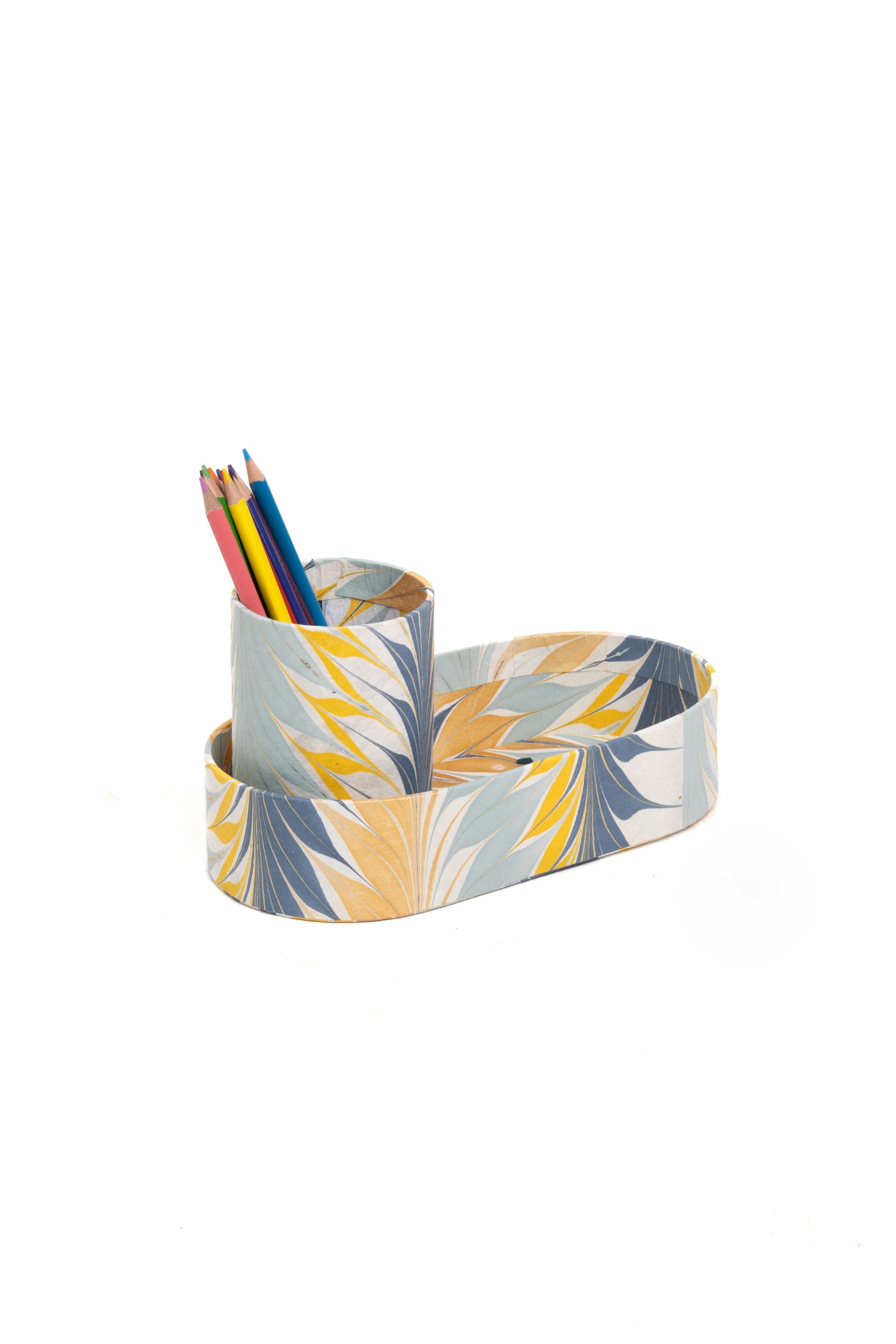 Hand-Marbled Desk Tray & Pencil Holder Organizer in Golden Blue Marbling
