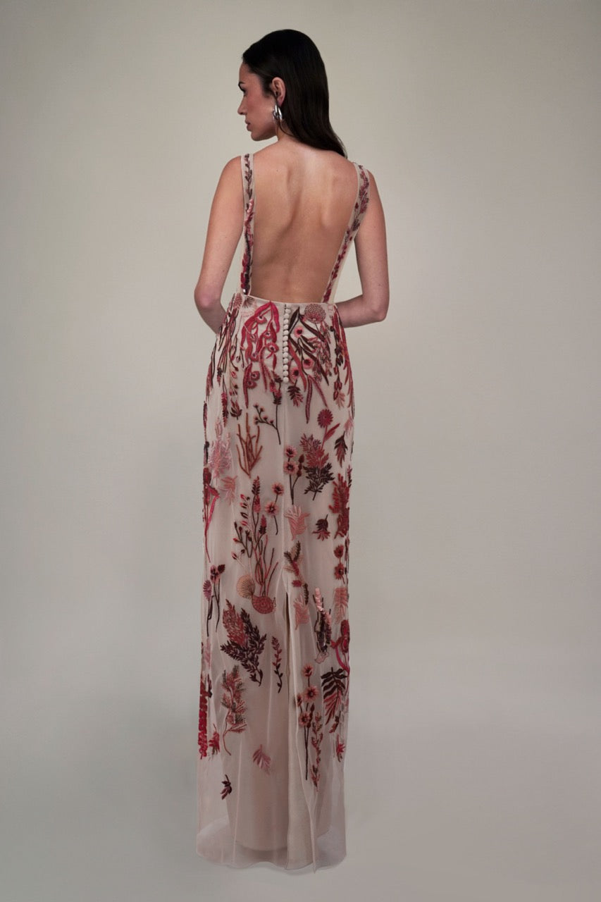 Underwater Wildflower Column Dress in Cranberry