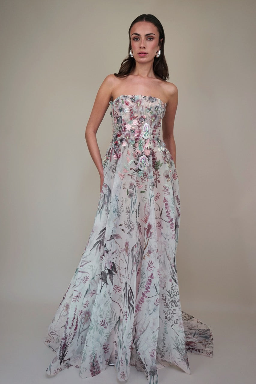 Underwater Wildflower Print & Embroidered Gown