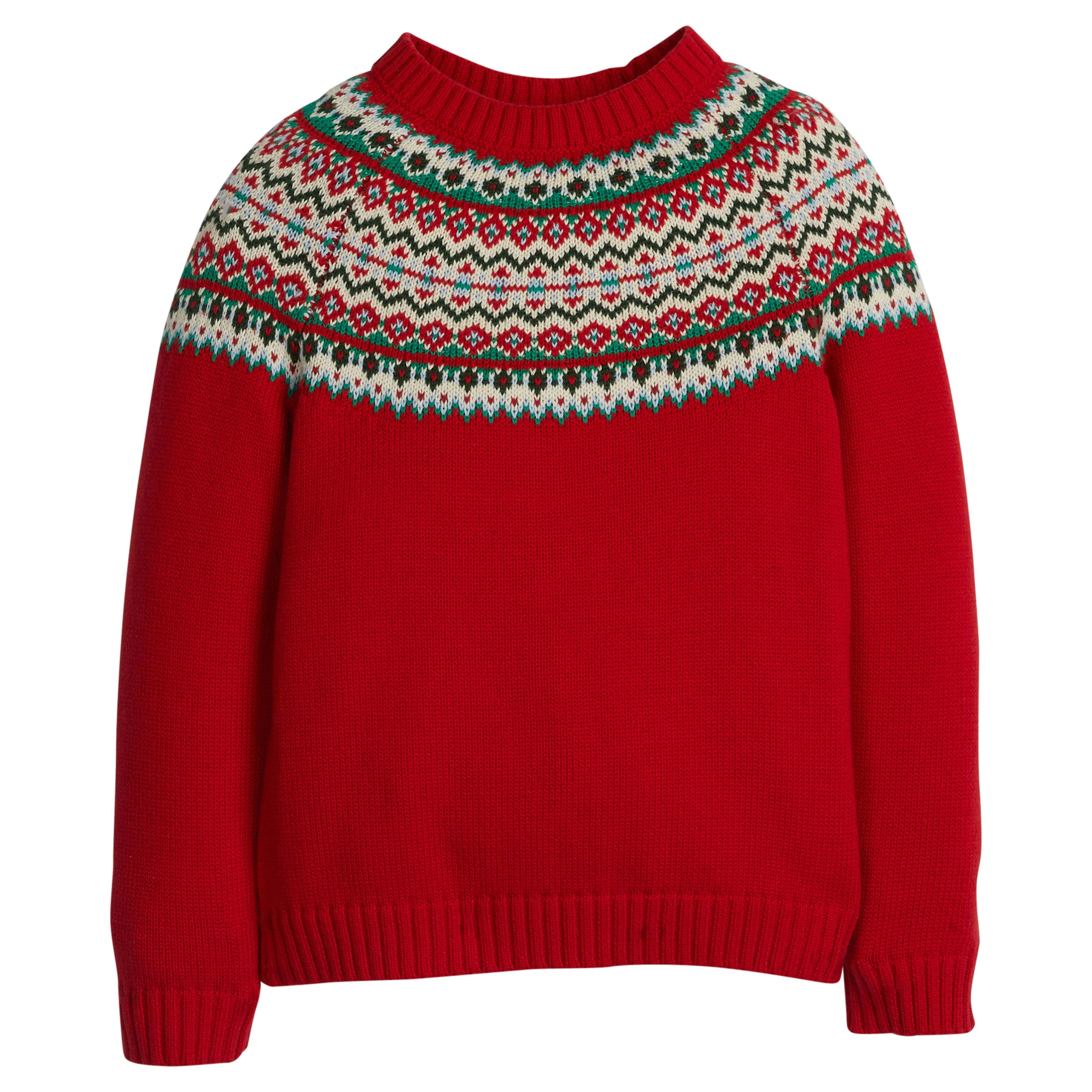 little english classic children's clothing red, green, and cream fair isle sweater for boys and girls for holiday 