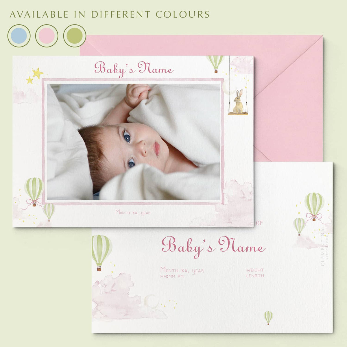 Hot Air Balloons Birth Announcement with Photo, Set of 50