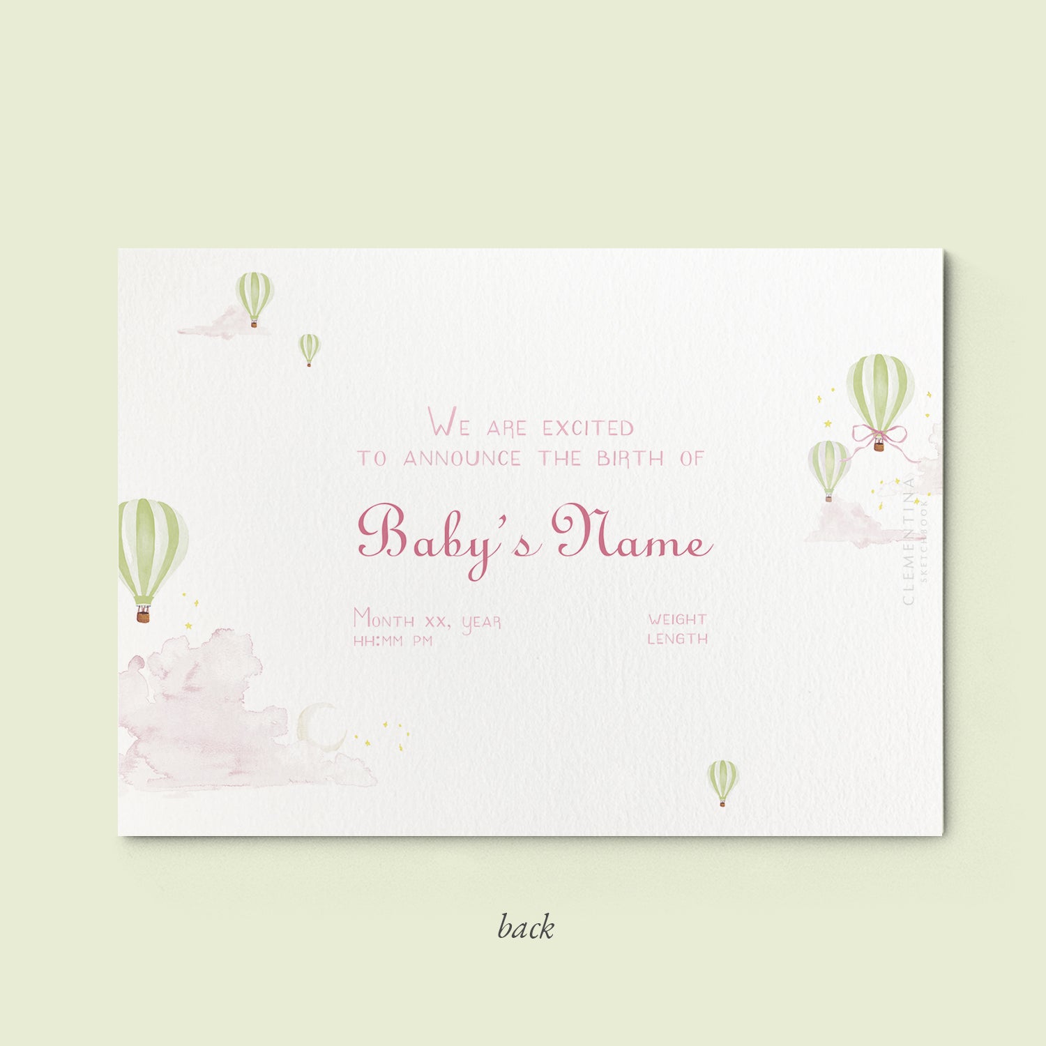 Hot Air Balloons Birth Announcement without Photo, Set of 50