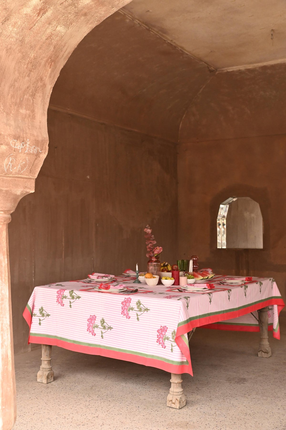 Pink Hydrangea Blockprint Tablecloth