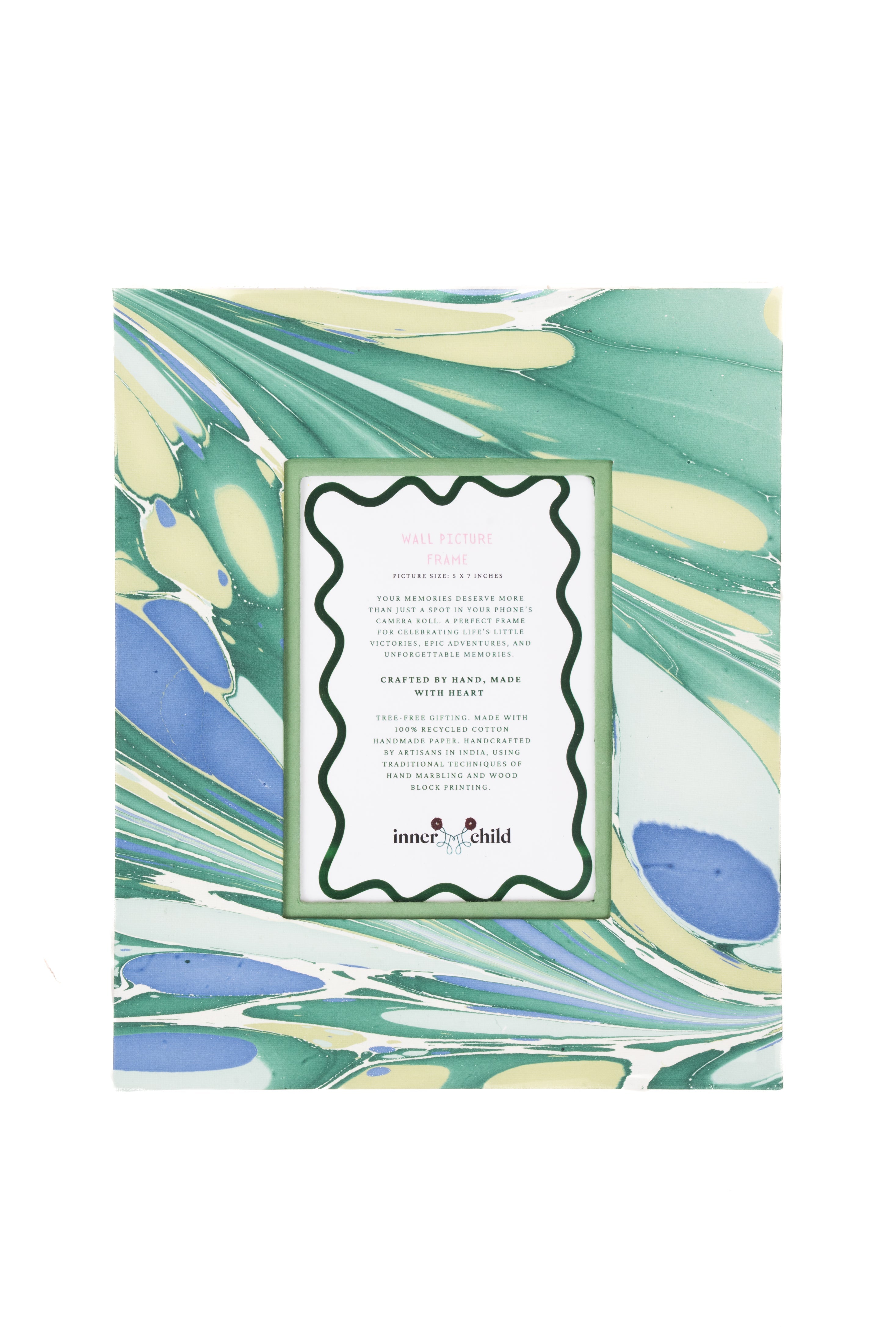 Hand-Marbled Large Wall Picture Frame 5x7 in Green & Blue