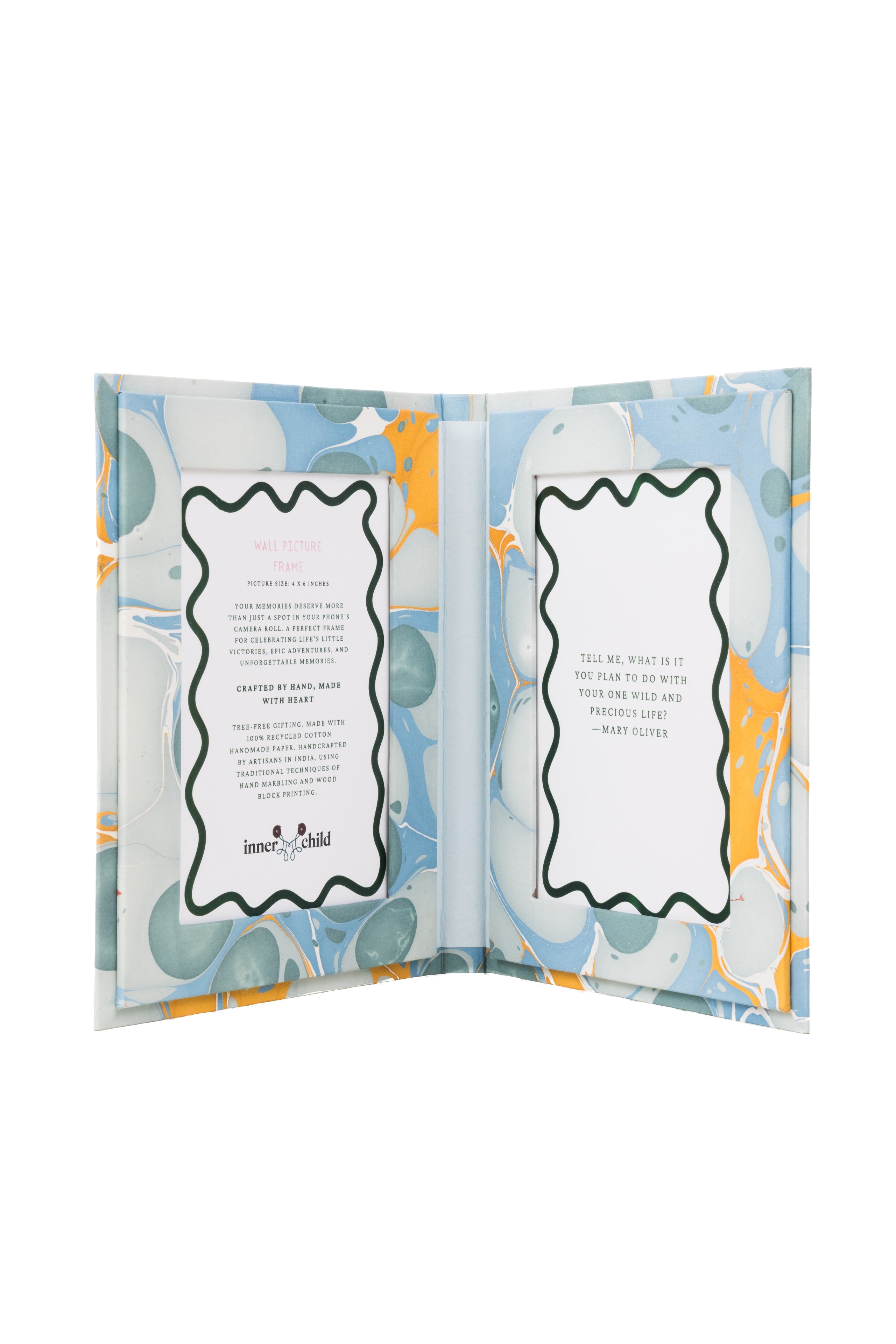 Hand-Marbled Picture Frame Folding Book 4x6 in Grey & Blue