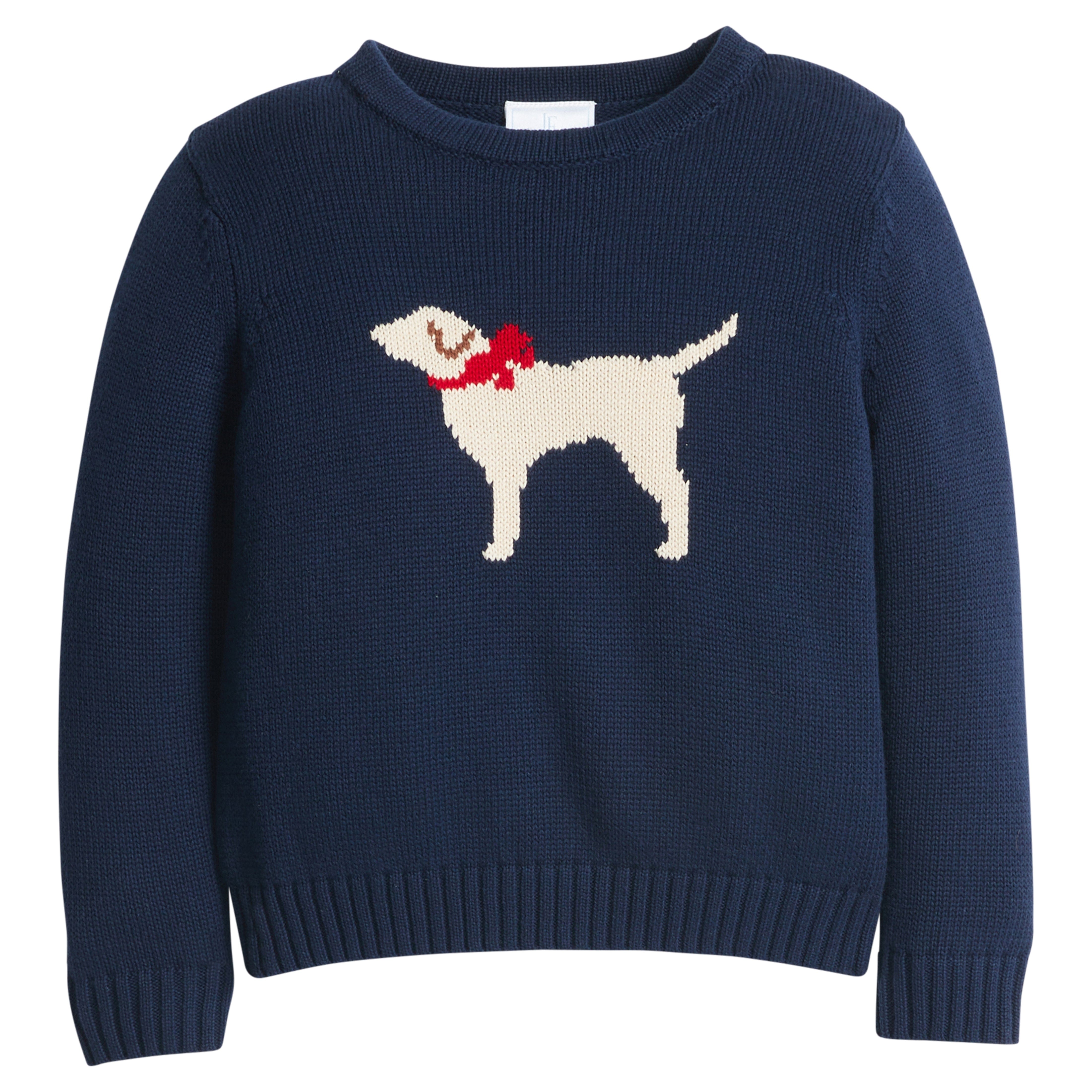 little english classic children's clothing girls navy sweater with red bow on cream lab motif for fall 