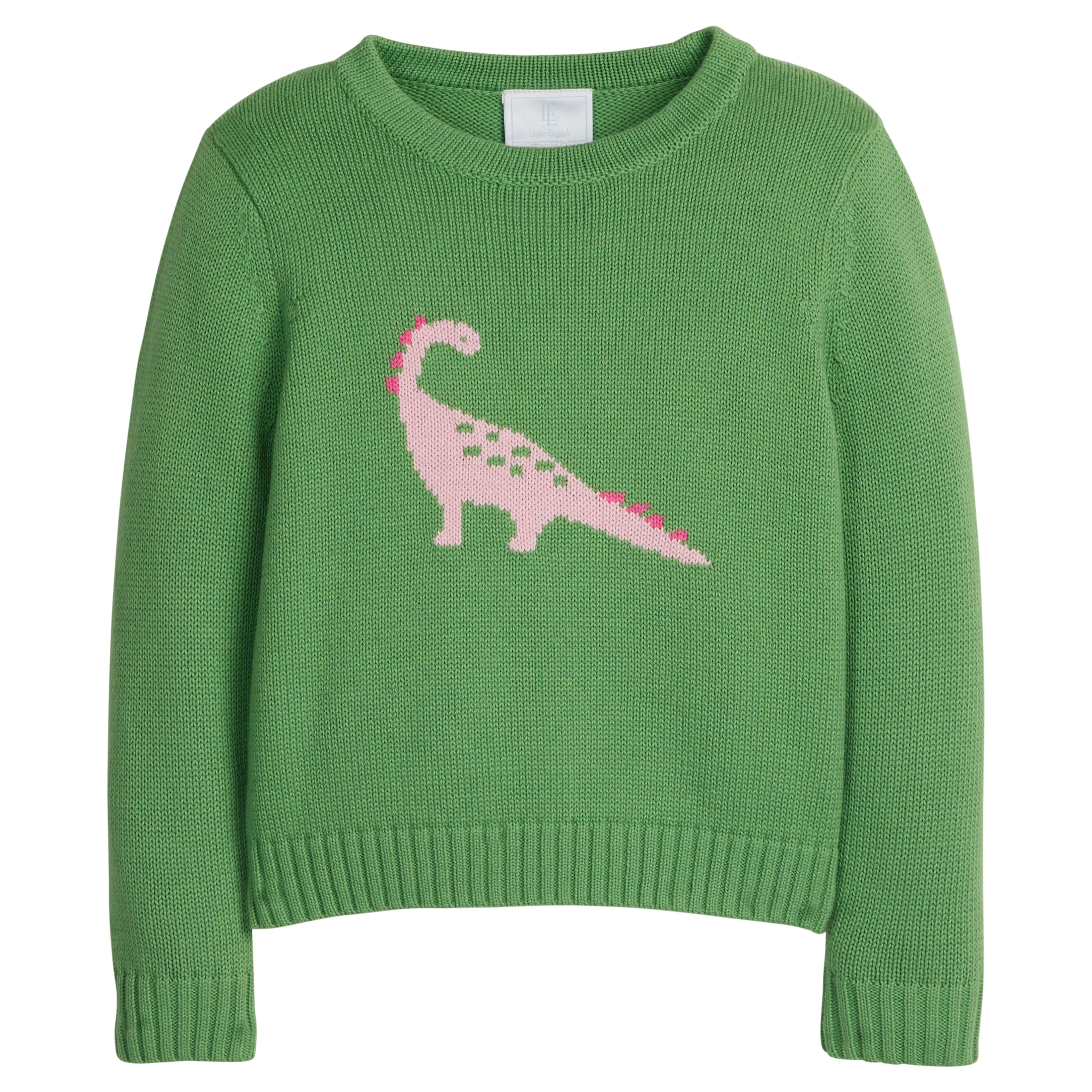 little english classic children's clothing green sweater with pink dinosaur motif for girls 