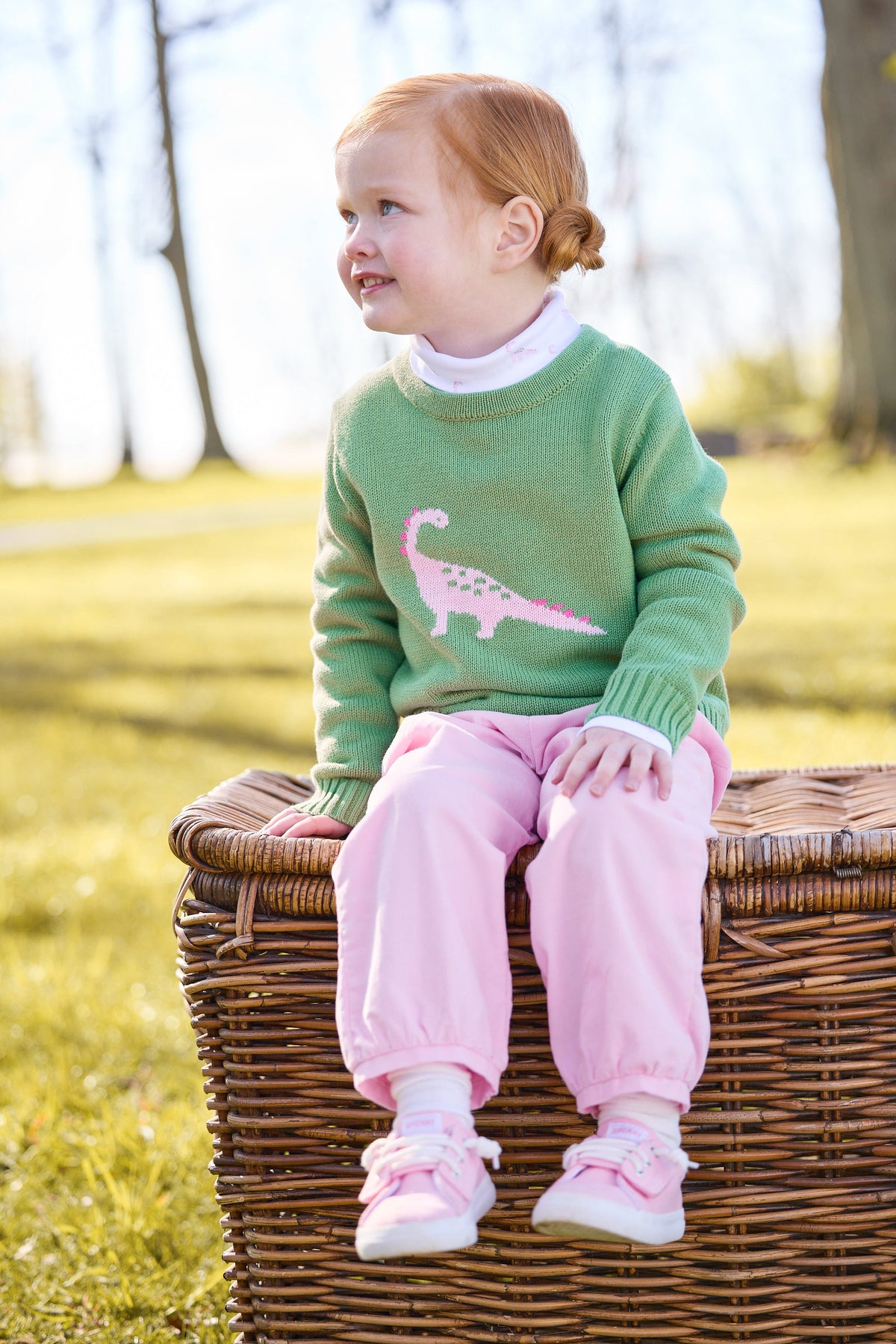 little english classic children's clothing green sweater with pink dinosaur motif, printed turtleneck in pink dinosaur print, banded bow pant in light pink corduroy, for girls 