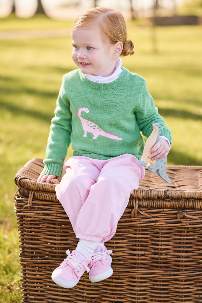 little english classic children's clothing green sweater with pink dinosaur motif, printed turtleneck in pink dinosaur print, banded bow pant in light pink corduroy, for girls 