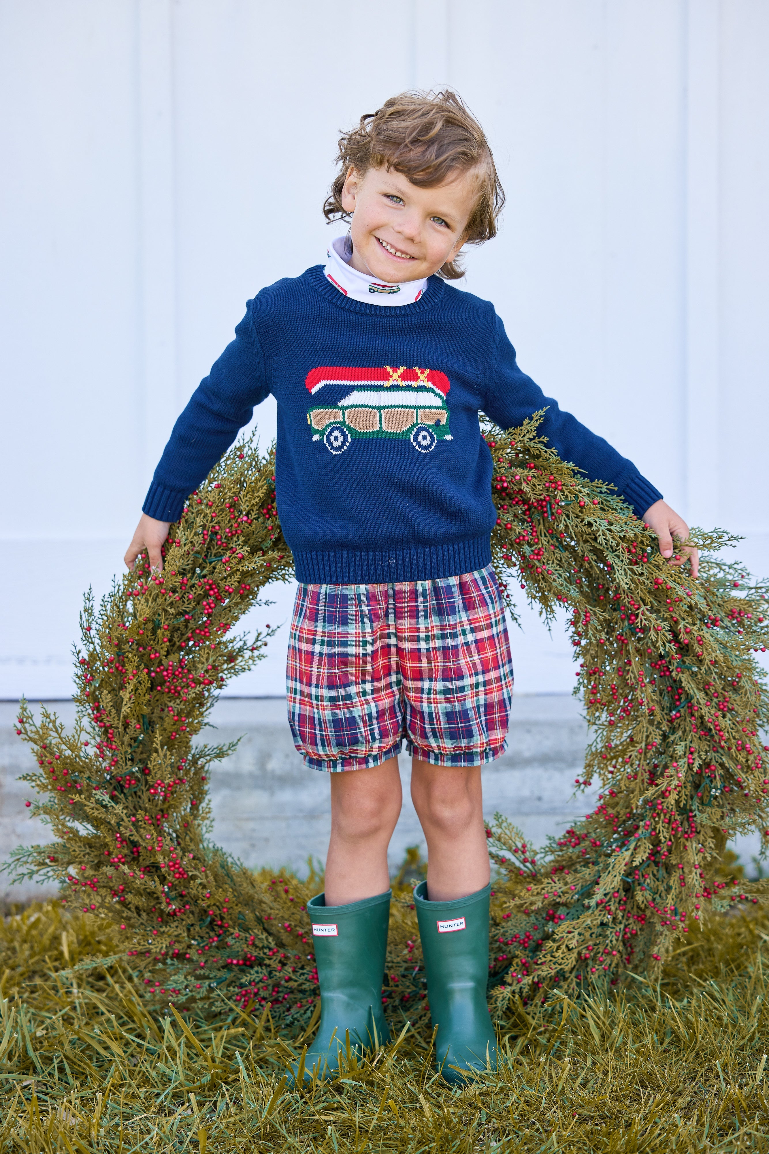 little english classic children's clothing navy sweater with wagoneer motif, printed turtleneck with wagonner print, banded short in middleburg plaid, fall outfit for boys 