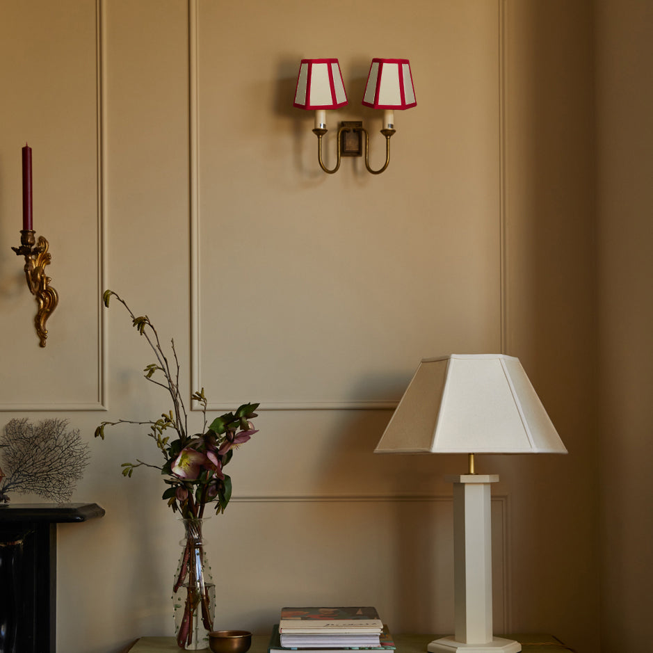 Hexagon Linen Candle Shade with Red Trim