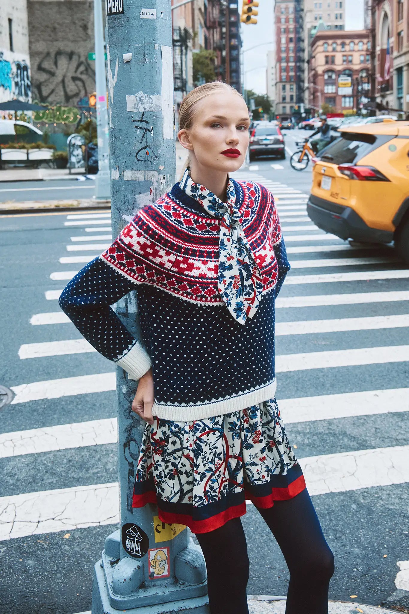 The Josie Sweater in St. Moritz Fair Isle has a ribbed crew neckline and long raglan sleeves.
