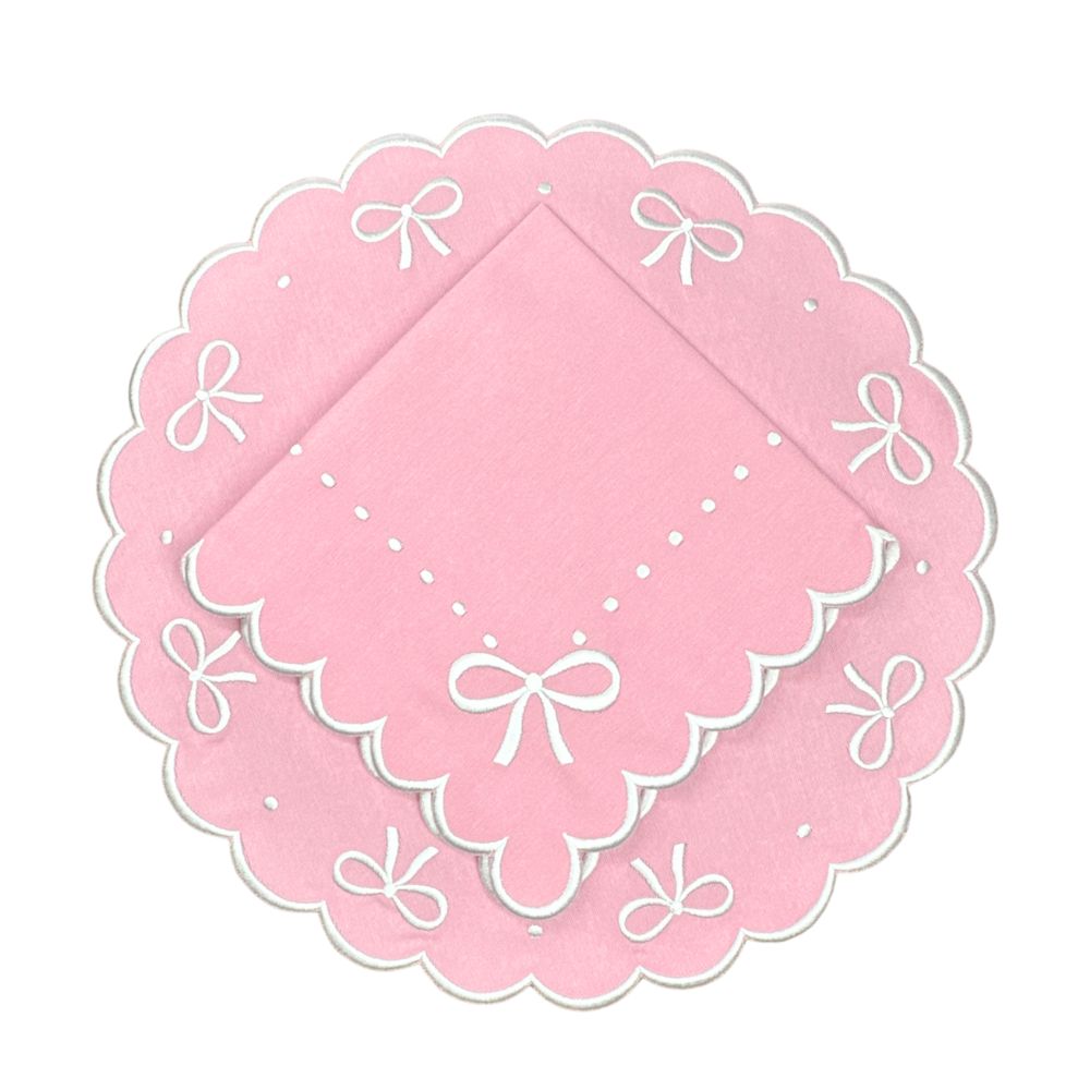 Juliet pink bow placemat and matching napkin, white embroidery , pink placemat, bow details. 