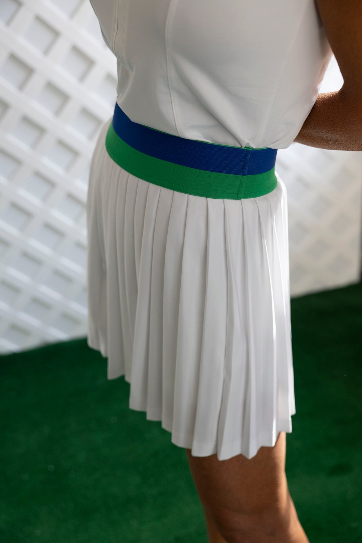 Cricket Skort in White with Blue & Green Trim