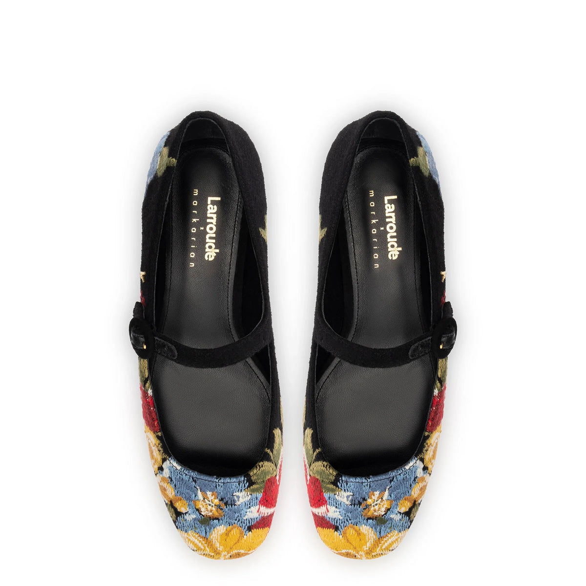 Larroudé x Markarian Flat In Floral Wool and Black Embroidery