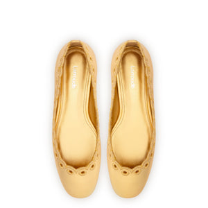 Meghan Broderie Flat In Gold Metallic Leather