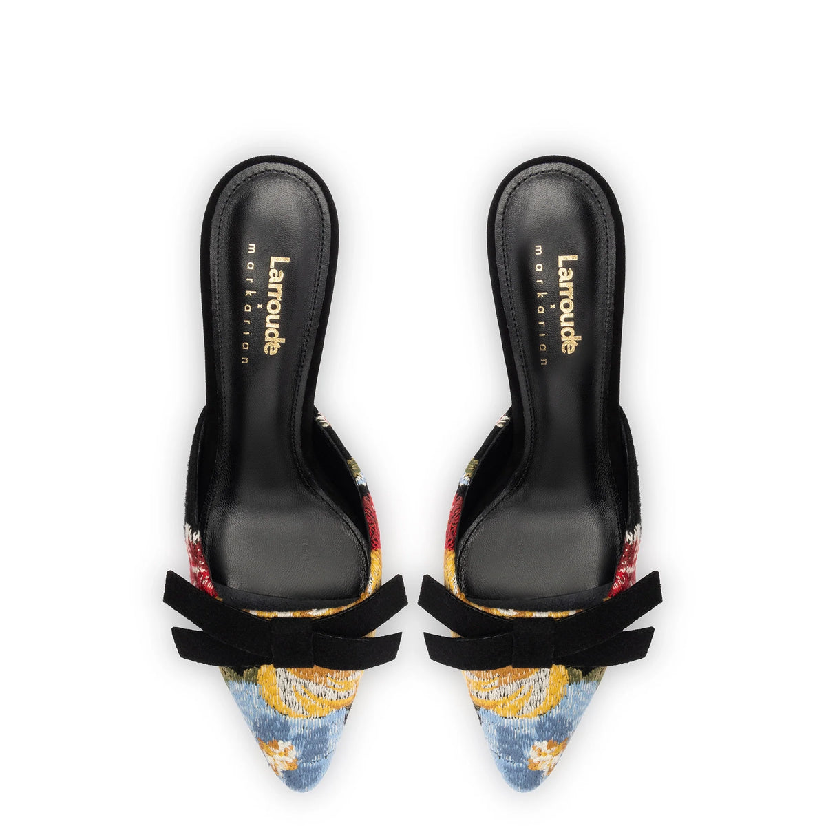 Larroudé x Markarian Mule In Black Wool and Floral Embroidery