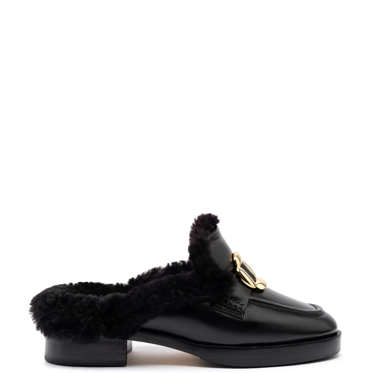 Bobbie Mule In Black Leather and Black Shearling