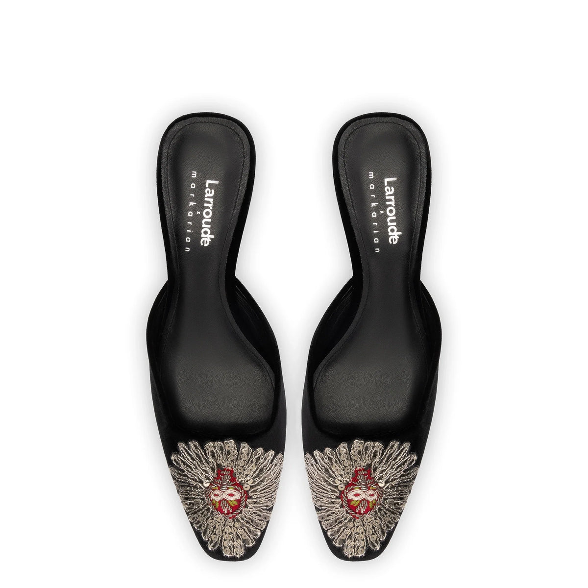 Larroudé x Markarian Mule In Black Velvet and Heart Embroidery