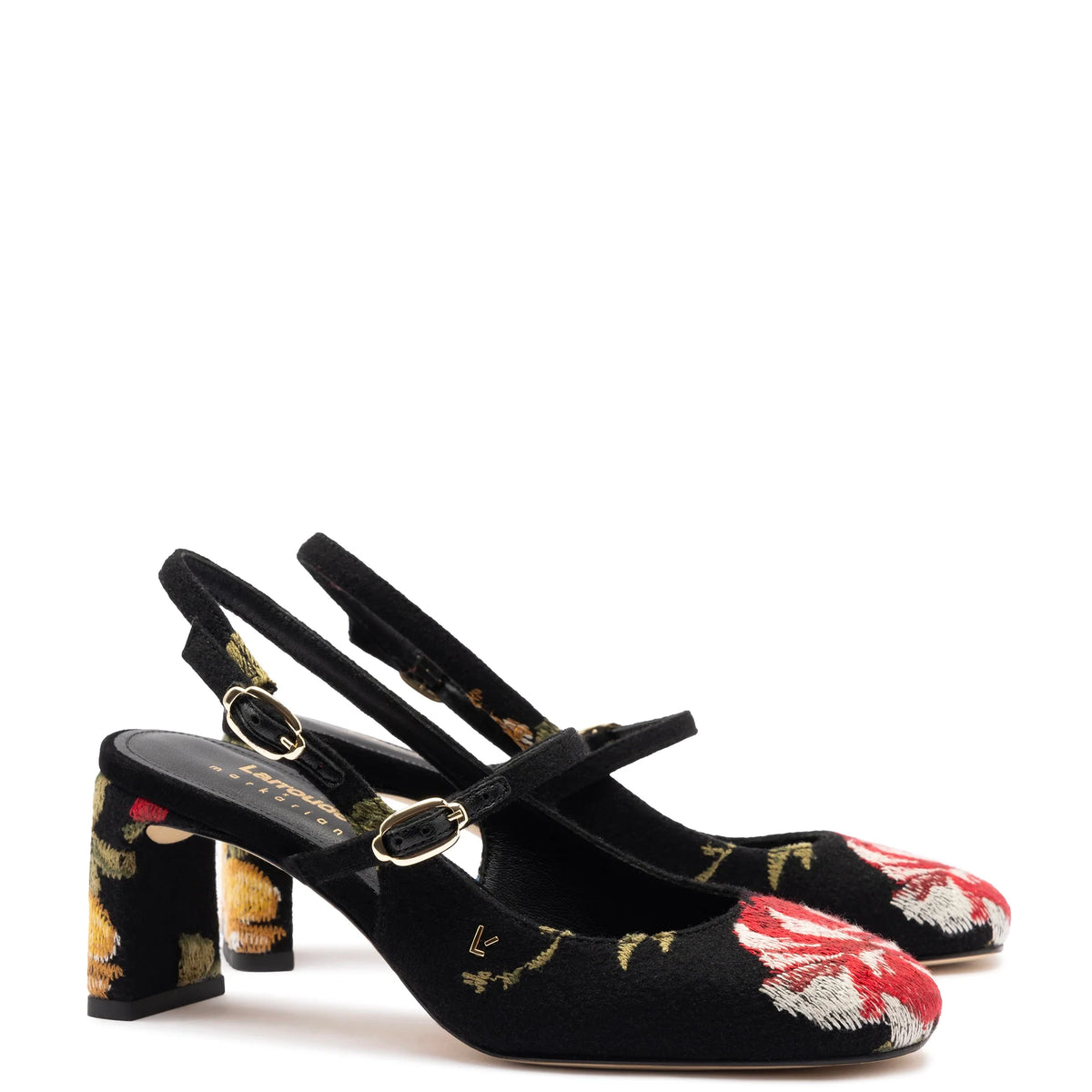 Larroudé x Markarian Pump In Black Wool and Floral Embroidery