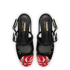 Larroudé x Markarian Pump In Black Wool and Floral Embroidery