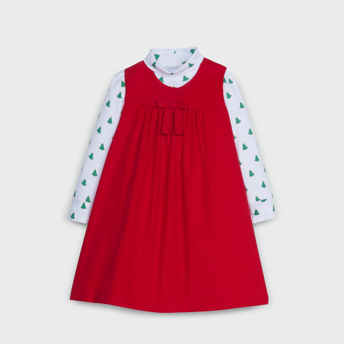 Little English classic children's clothing, christmas tree printed turtleneck with red pleated bow jumper