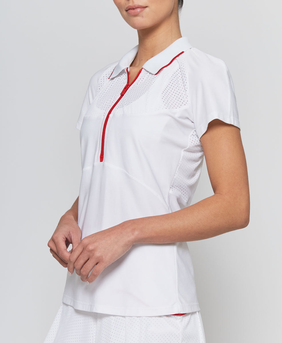 Mesh Zip Performance Polo in White