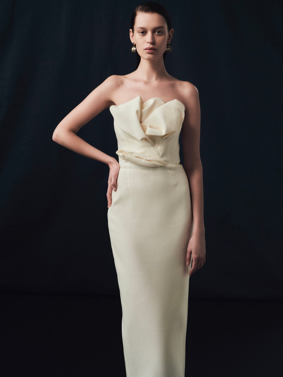 Textured Satin Draped Tulip Sheath in Cream