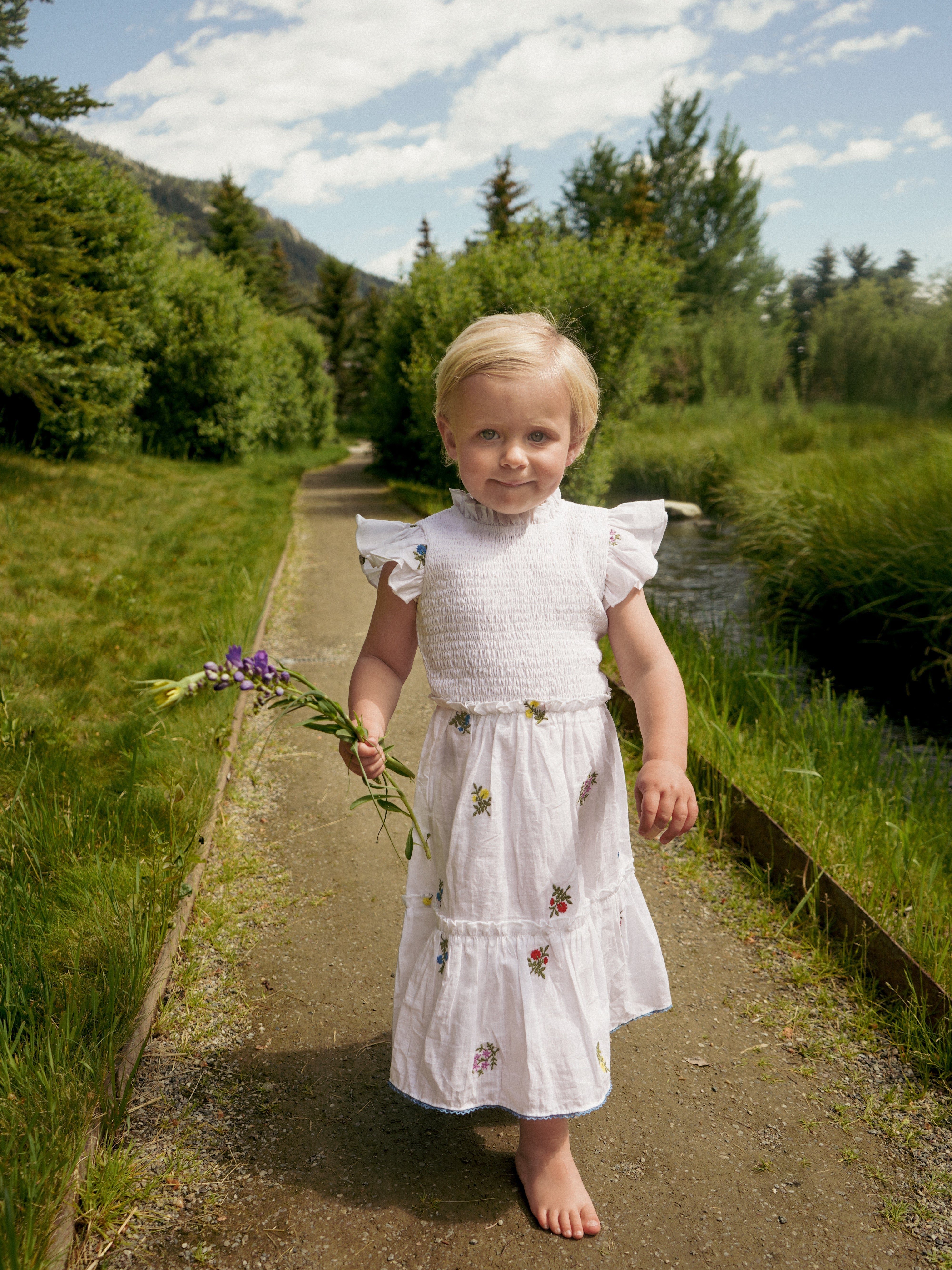 Little Lady Field Dress in White with Embroidery
