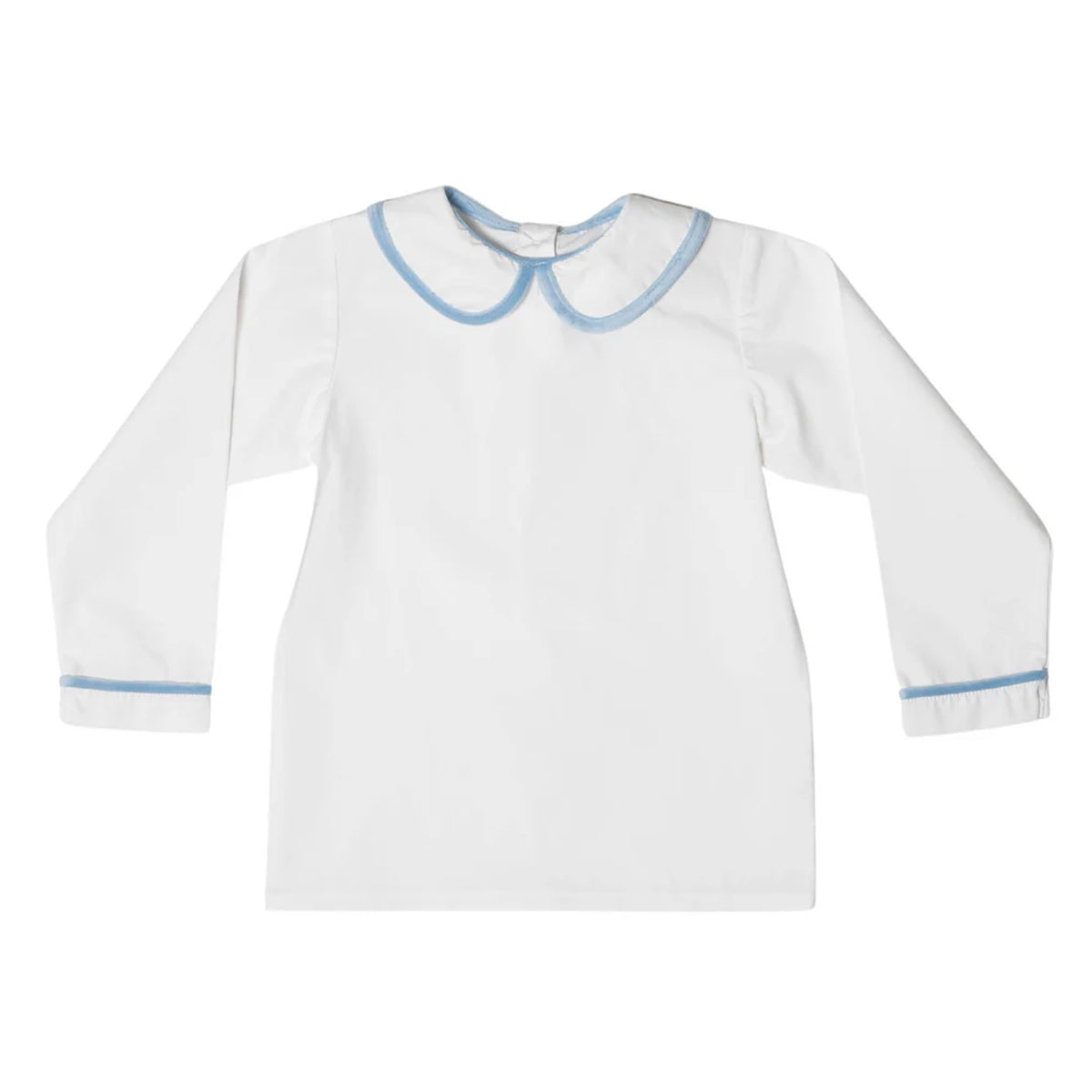 Long Sleeve Henry Peter Pan in White with Bay Tree Blue Velvet Trim