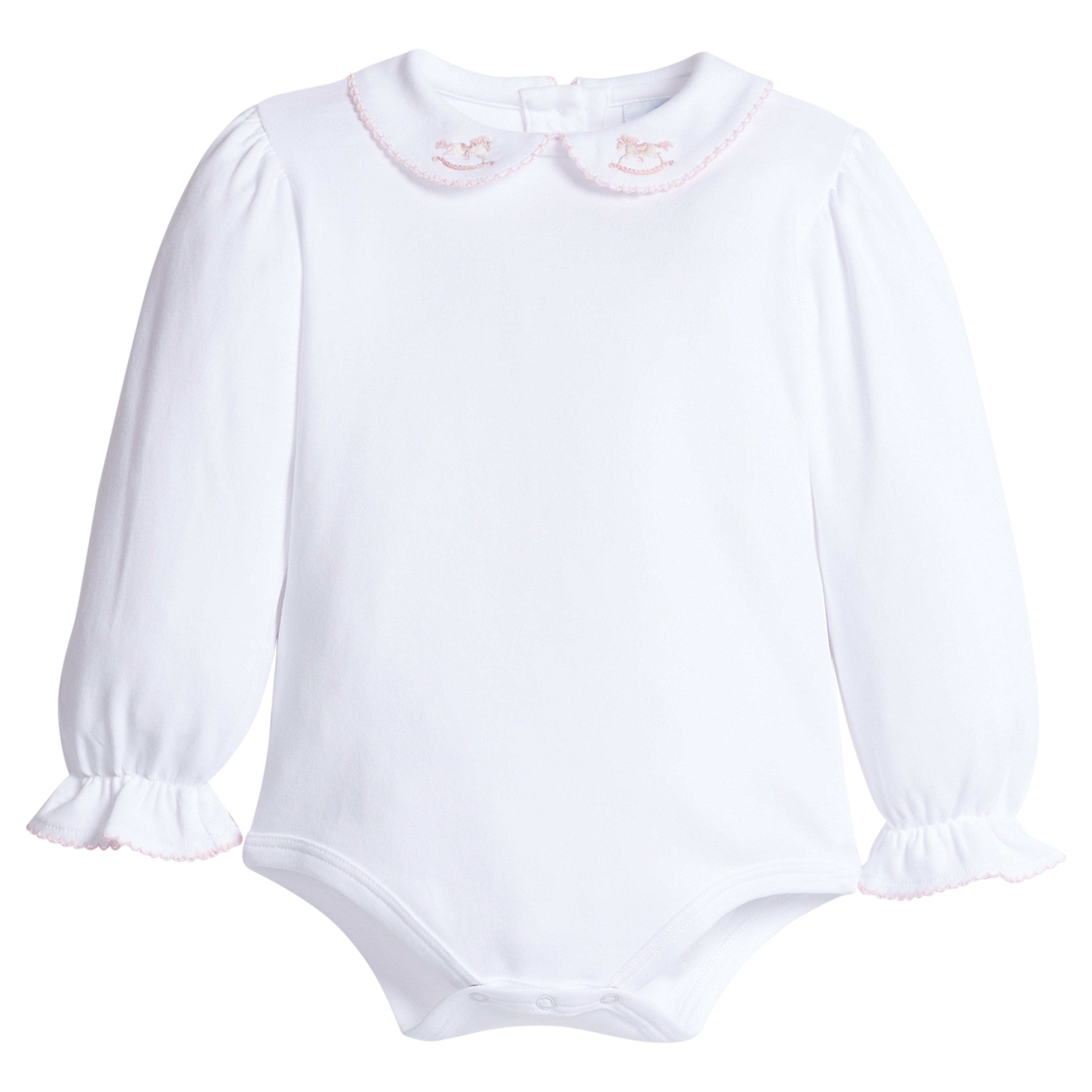 little english classic children's clothing girls white pinpoint onesie with light pink details and embroidered rocking horse on peter pan collar 