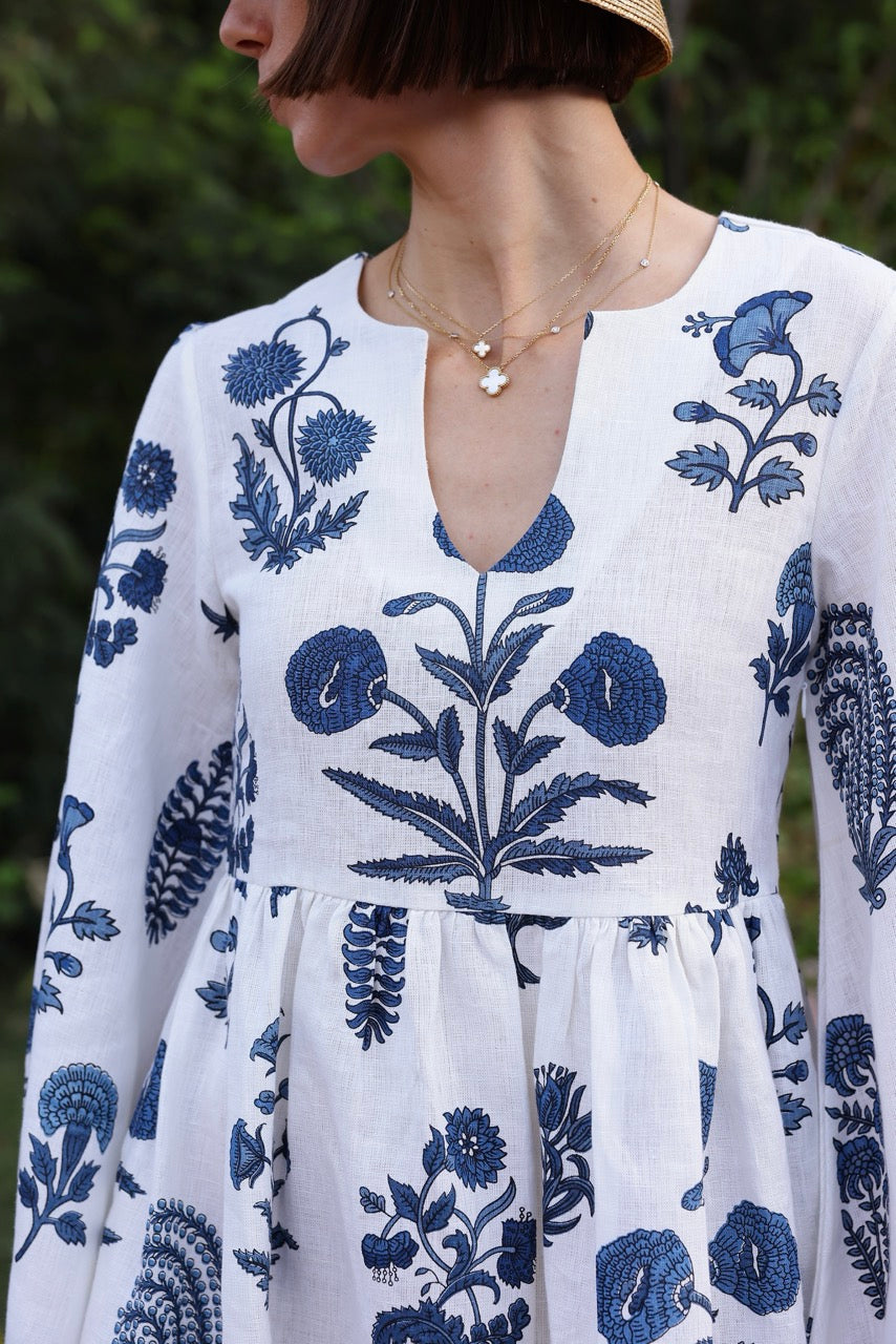 Lugano Mini Dress in Indigo Botantical