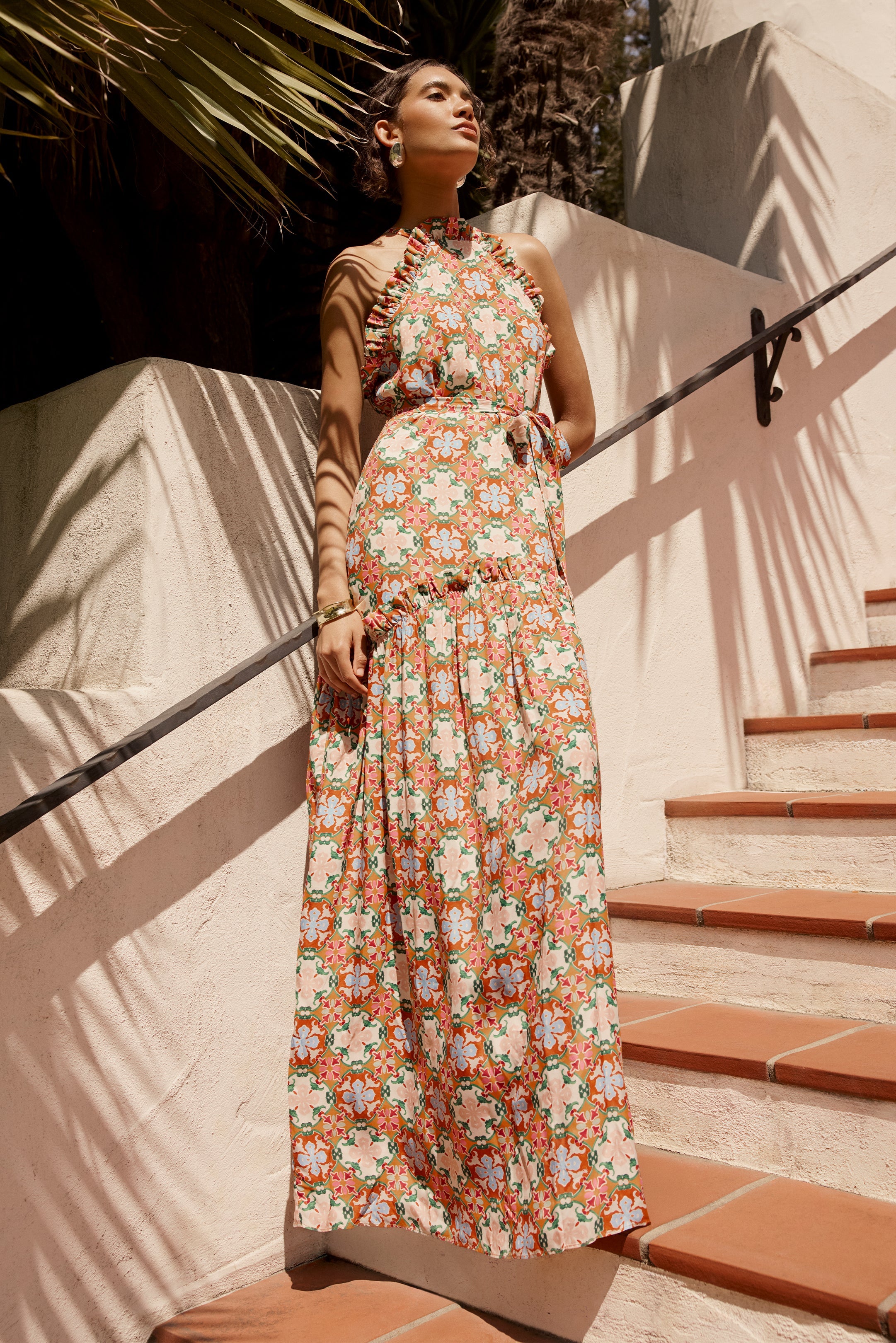 Sleeveless halter maxi dress with multicolor floral tile print