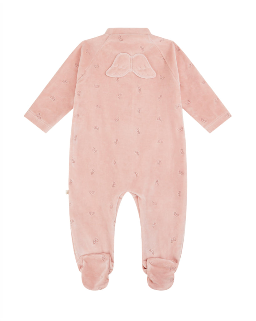 Velour Embroidered Angel Wing Sleepsuit in Pink