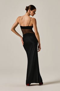 Silk stretch charmeuse maxi dress with sheer midriff. Dainty adjustable straps back view