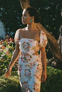 Detachable Sleeve Linen Dress in Peach Floral