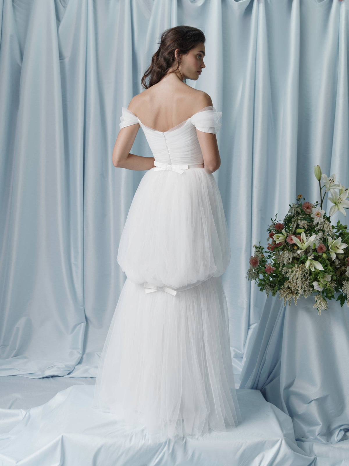 Valeria Off-The-Shoulder Ruched Tulle Gown