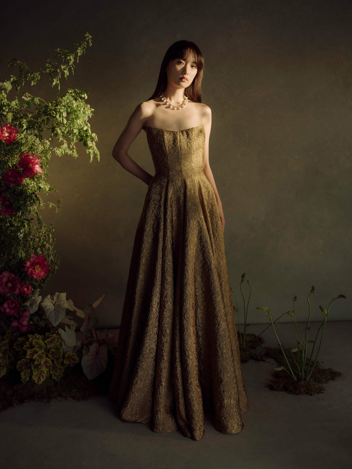 Laila Gold Brocade Strapless Gown