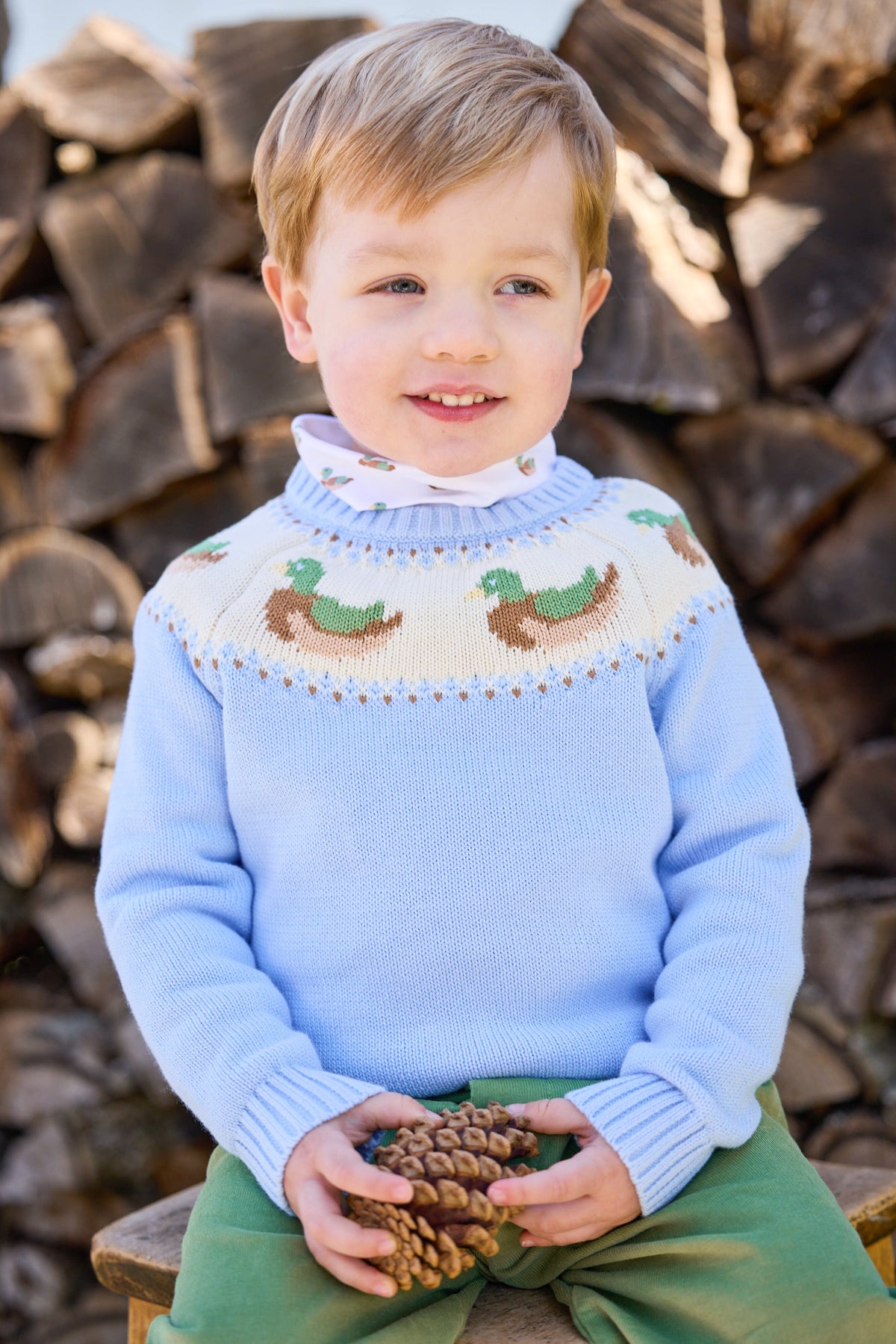 little english classic children's clothing light blue fair isle sweater with mallards along neck, printed turtleneck with mallard pattern, banded pant in watercress corduroy, boy outfits for fall 
