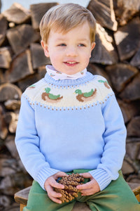 little english classic children's clothing light blue fair isle sweater with mallards along neck, printed turtleneck with mallard pattern, banded pant in watercress corduroy, boy outfits for fall 