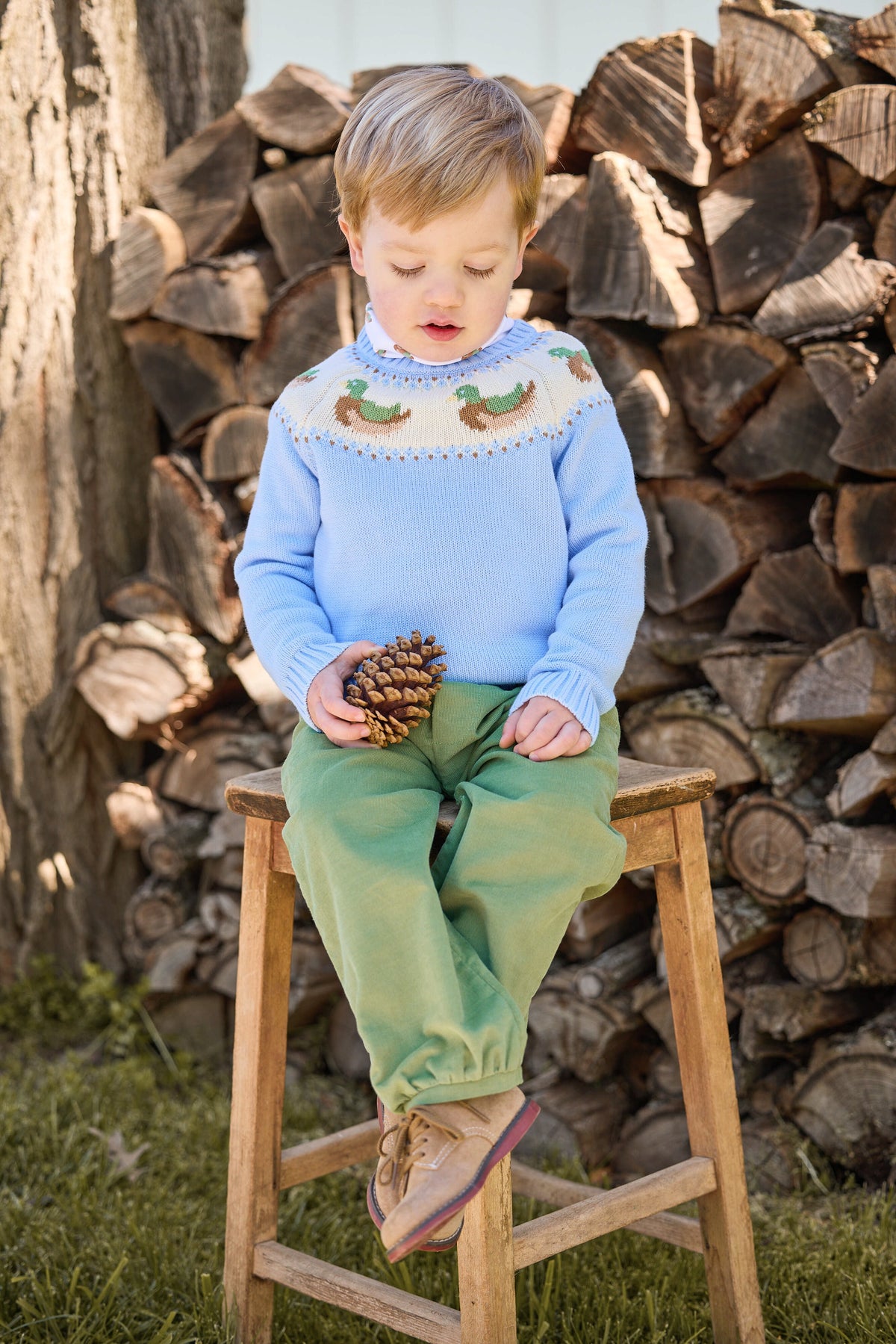little english classic children's clothing light blue fair isle sweater with mallards along neck, printed turtleneck with mallard pattern, banded pant in watercress corduroy, boy outfits for fall 