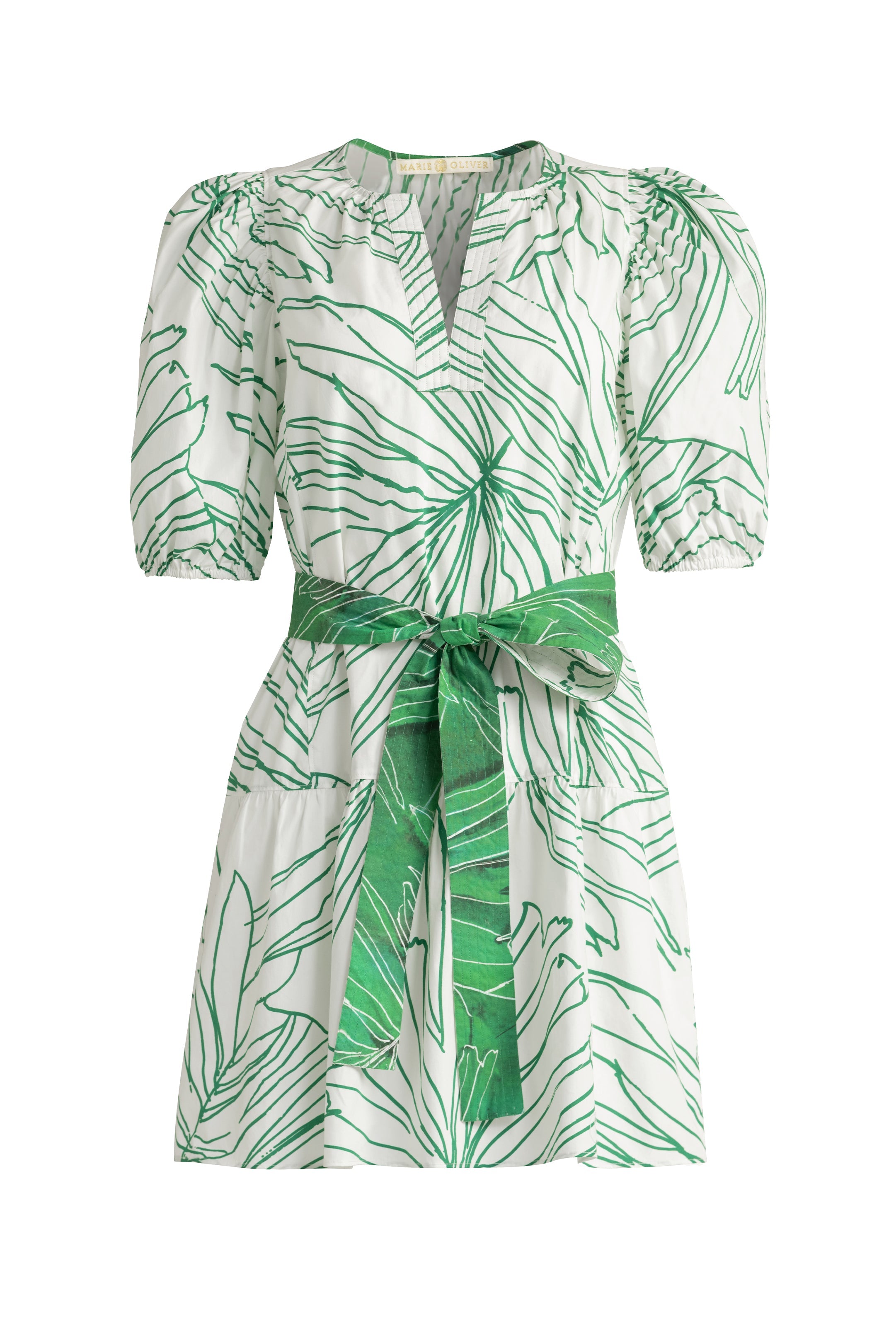 Short printed dress with elastic puff sleeves and contrasting green belt