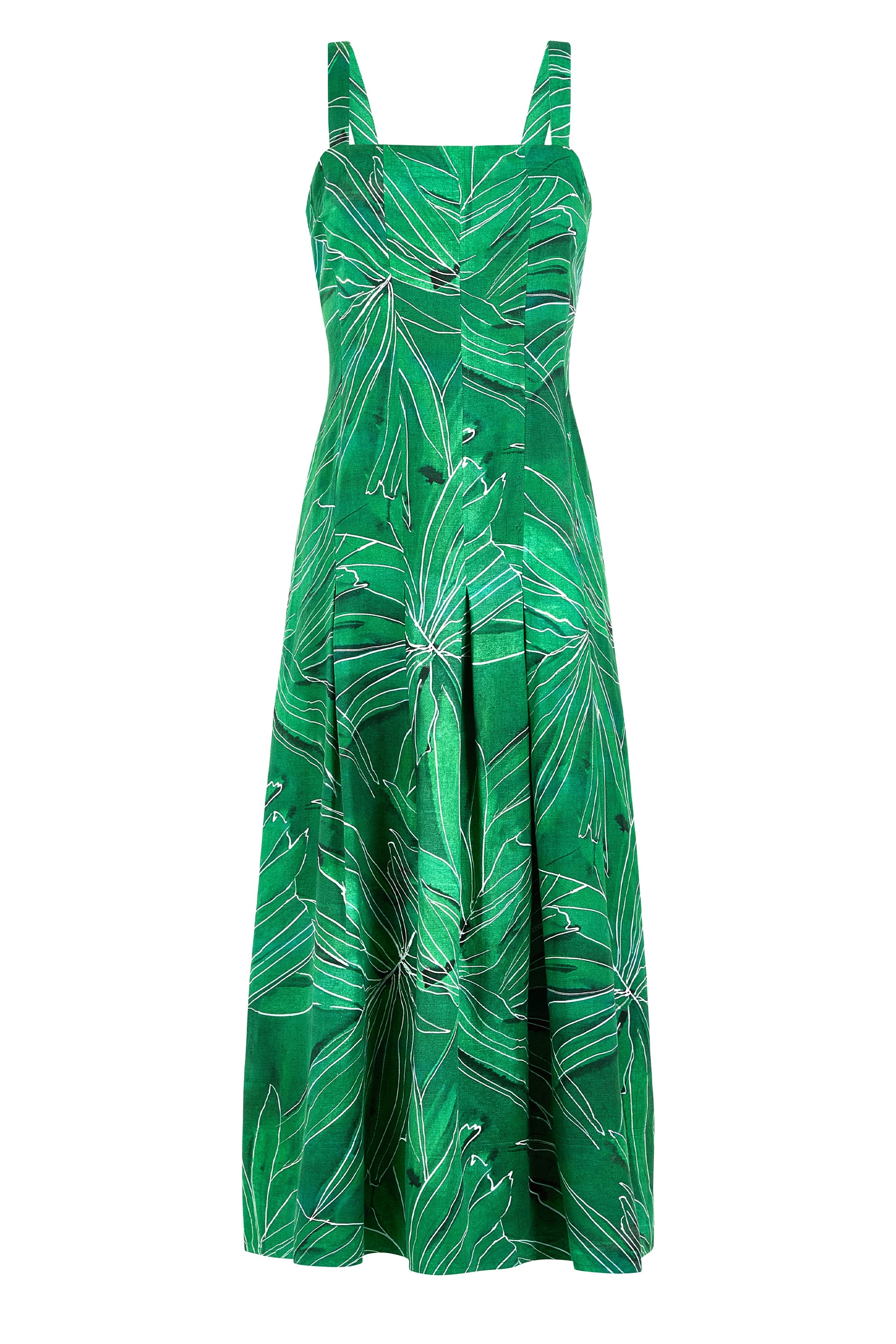 Summer midi dress with square neckline and artistic foliage design
