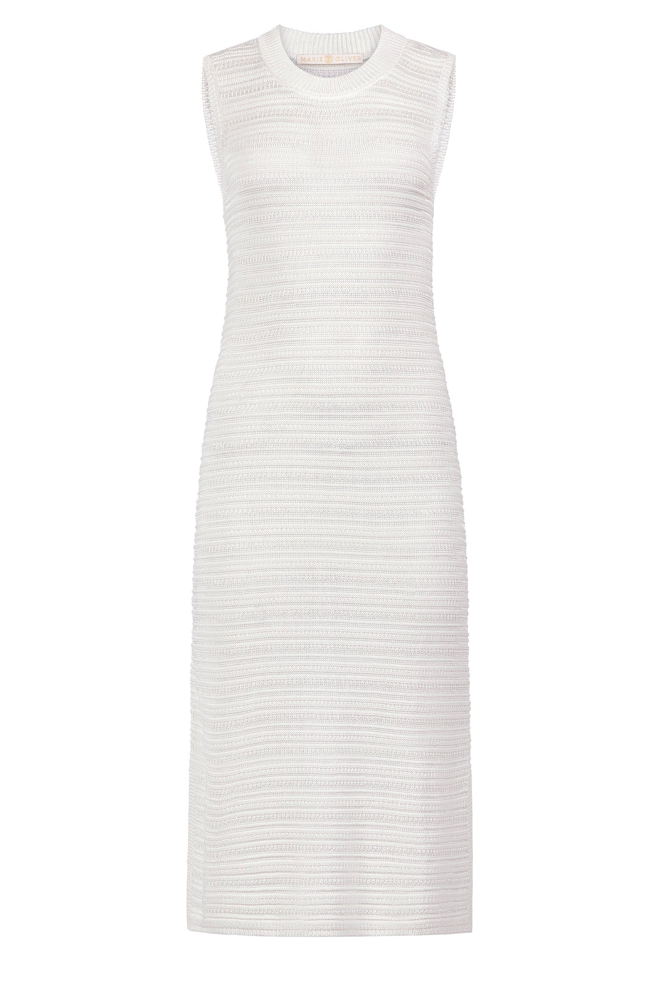 Structured white dress with tonal ribbing and form fitting sleeveless cut