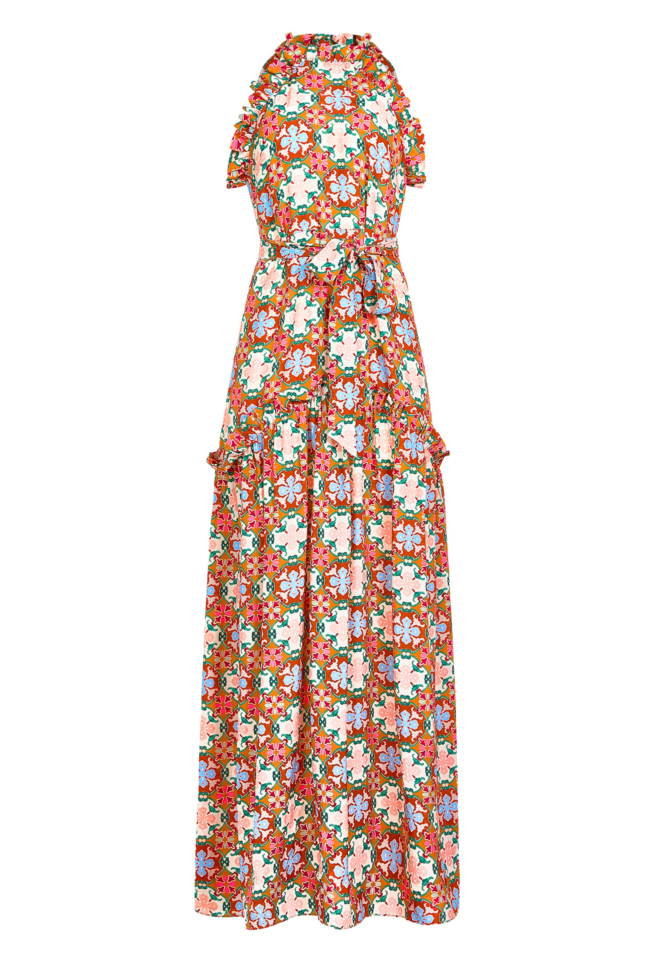 Bohemian style maxi dress with cinched waist and bright floral tile print
